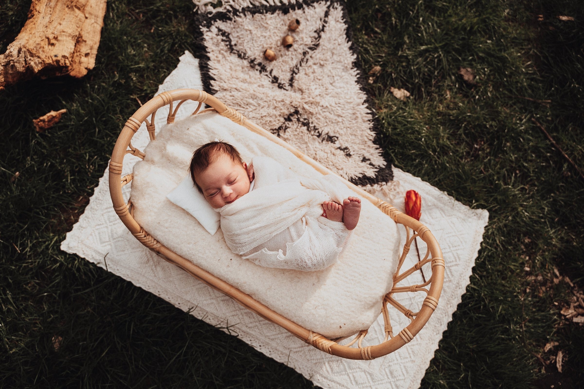 Amaya sleeping in a cream wrap inside a woven basket